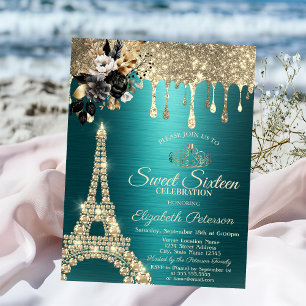 Black Roses Eiffel Tower Gold Drips Green Sweet 16 Invitation