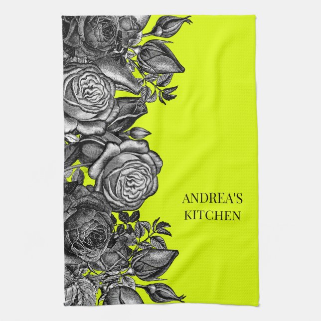 Black Roses Electric Lime Green Your Message Tea Towel (Vertical)