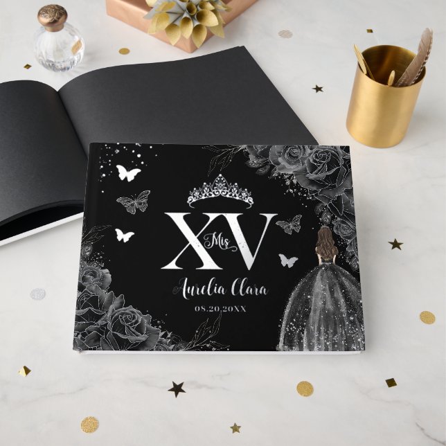 Black Roses Floral Butterflies Silver Quinceañera  Guest Book (Front Open)