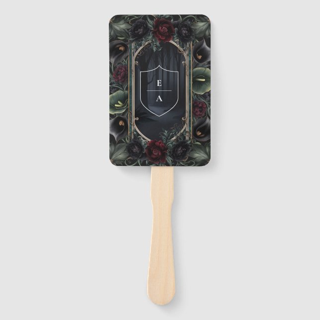 Black Roses Floral Gothic Halloween Wedding Hand Fan (Front)