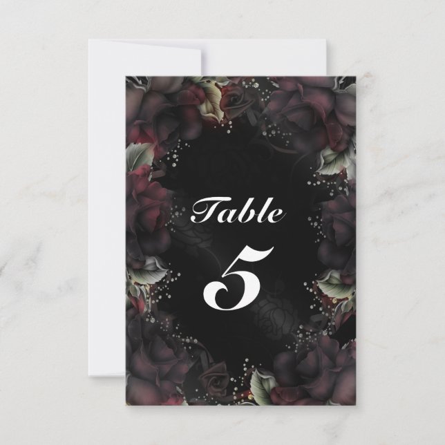BLACK Roses Floral Wedding Table Number Card (Front)