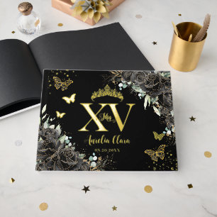 Black Roses Flower Butterflies Gold Quinceañera  Guest Book