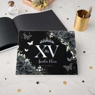 Black Roses Flower Butterflies Silver Quinceañera  Guest Book