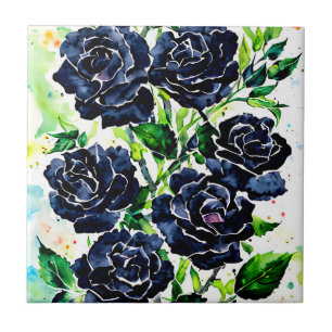 Black Roses Flowers Goth Art Watercolor Painting Tile