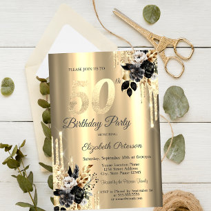 Black Roses Glitter Drips Gold 50th Birthday Invitation