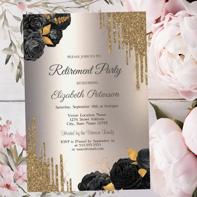 Black Roses Glitter Drips Ivory Retirement Party Invitation (Creator Uploaded)