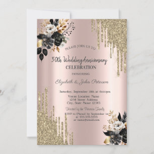 Black Roses Glitter Drips Wedding Anniversary Invitation