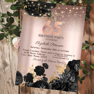 Black Roses Glitter Rose Gold 65th Birthday   Invitation