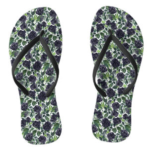Black roses, green leaves watercolor pattern jandals