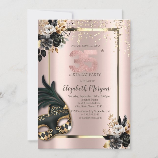 Black Roses Masque Confetti Rose Gold 35th Invitation (Front)