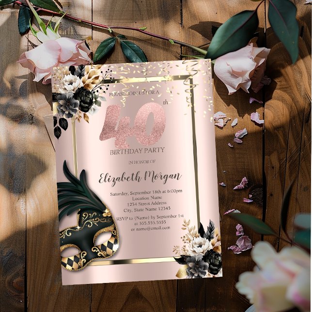Black Roses Masque Confetti Rose Gold 40th Invitation (Creator Uploaded)