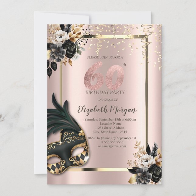 Black Roses Masque Confetti Rose Gold 60th Invitation (Front)