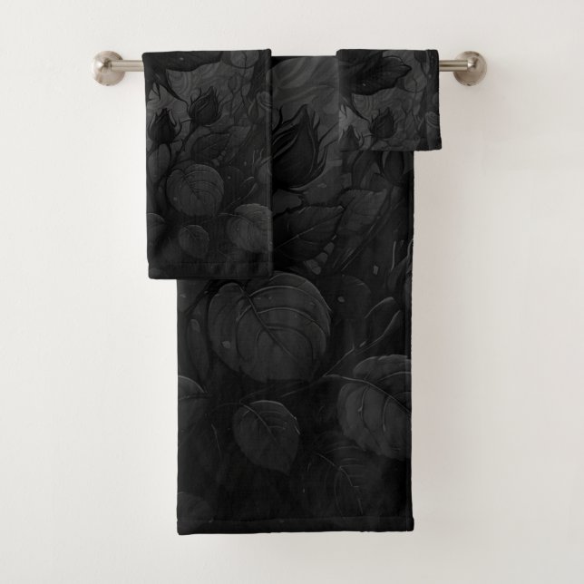 Black Roses Motif Bath Towel Set (Insitu)