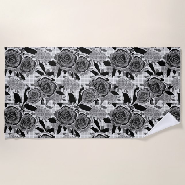 Black roses, roses, black and grey  beach towel (Front)