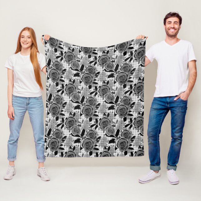 Black roses, roses, black and grey   fleece blanket (In Situ)