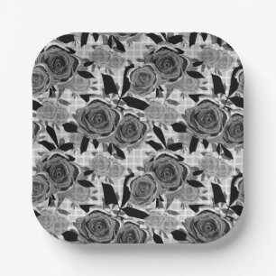 Black roses, roses, black and grey   paper plate