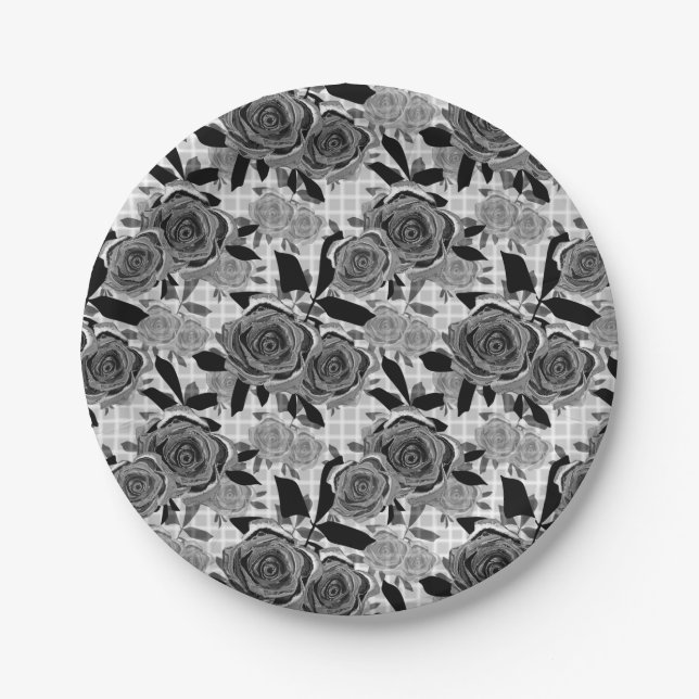 Black roses, roses, black and grey   paper plate (Front)