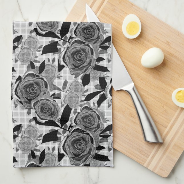 Black roses, roses, black and grey   tea towel (Quarter Fold)