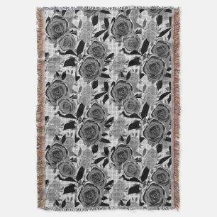 Black roses, roses, black and grey throw blanket