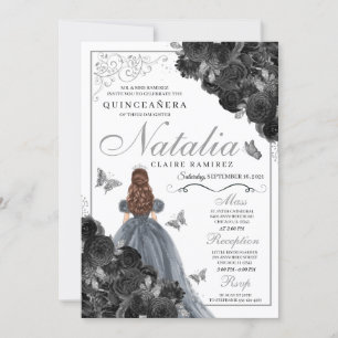 Black Roses Silver Butterfly Princess Quinceañera Invitation