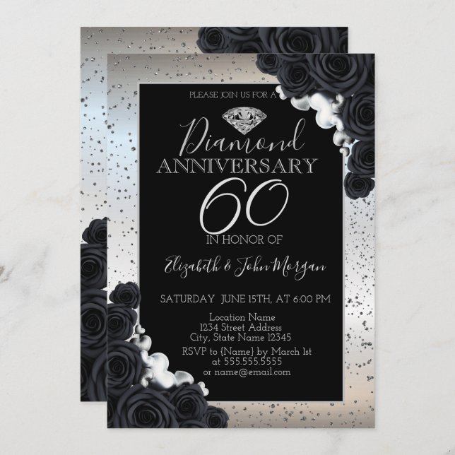 Black Roses Silver Confetti Wedding Anniversary  Invitation (Front/Back)