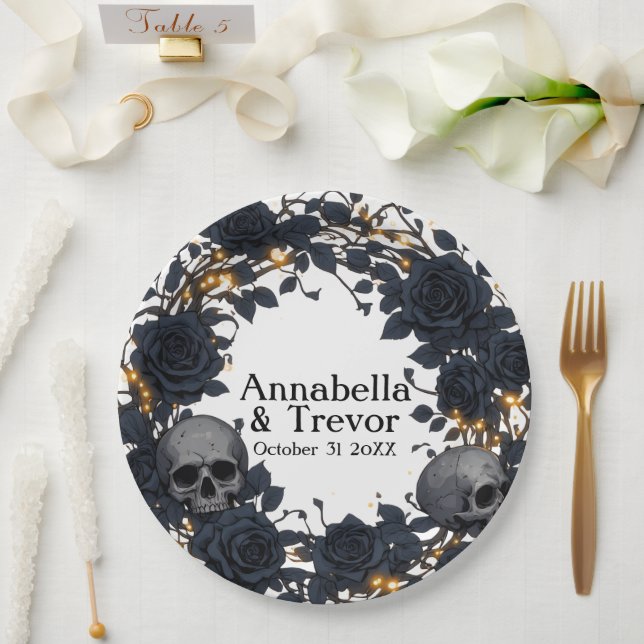 Black Roses & Skulls Personalised Gothic Wedding Paper Plate (Wedding)