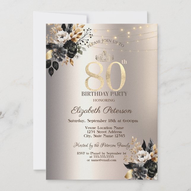 Black Roses String Light Ivory 80th Birthday   Invitation (Front)