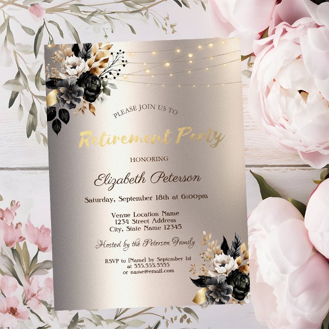 Black Roses String Light Ivory Retirement Party Invitation (Creator Uploaded)