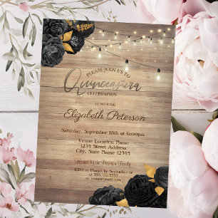 Black Roses,String Lights,Wood Texture Quinceañera Invitation