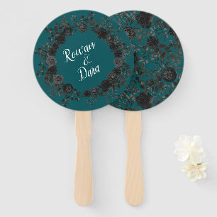Black Roses Teal Wedding Hand Fan