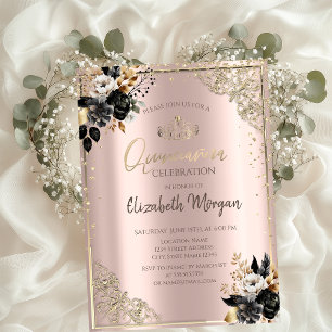 Black Roses,Tiara,Diamonds Rose Gold Quinceañera  Invitation