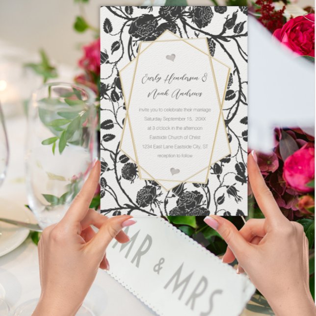 Black Roses Toile Border Custom Colour Wedding Invitation (Creator Uploaded)