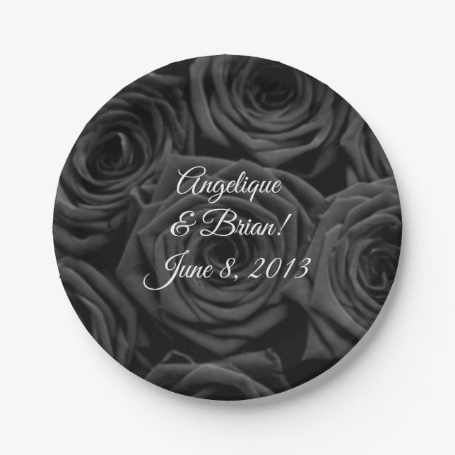 black roses wedding reception paper plate (Front)