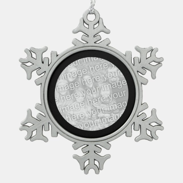 Black Round Border Photo Snowflake Pewter Christmas Ornament (Front)