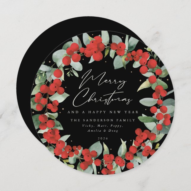 Black Round Red Berry+Eucalyptus Christmas Wreath Holiday Card (Front/Back)