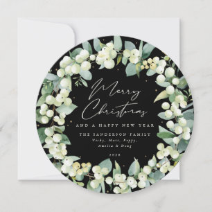Black Round Snowberry+Eucalyptus Christmas Wreath Holiday Card