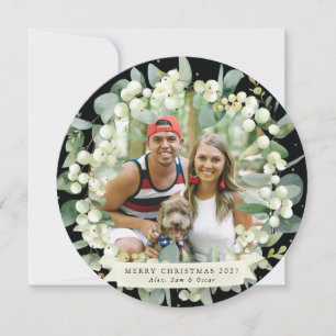 Black Round Snowberry+Eucalyptus Christmas Wreath Holiday Card