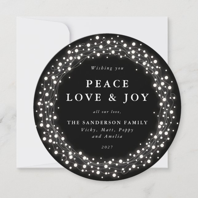 Black Round Sparkling Lights Peace Love + Joy Holiday Card (Front)