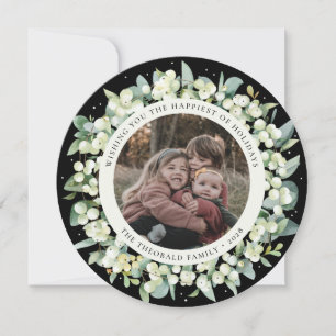 Black Round/Square Snowberry+Eucalyptus Photo Holiday Card