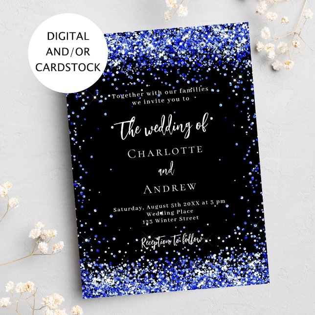 Black royal blue confetti wedding invitation (Creator Uploaded)