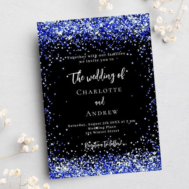 Black royal blue confetti wedding invitation postcard (Creator Uploaded)
