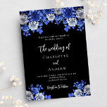 Black royal blue florals luxury wedding invitation<br><div class="desc">A black background,  decorated with blue and white flowers.  Personalise and add your names and details.  
Back: black background.</div>
