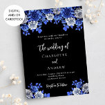Black royal blue florals wedding invitation<br><div class="desc">A black background,  decorated with blue and white flowers.  Personalise and add your names and details.  
Back: black background.</div>