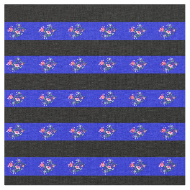 Black, Royal blue folk flower stripe Fabric (Close Up)