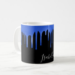 Black royal blue glitter drips name script coffee mug