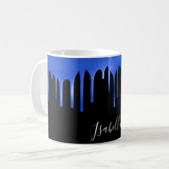 Black royal blue glitter drips name script coffee mug (Front Left)