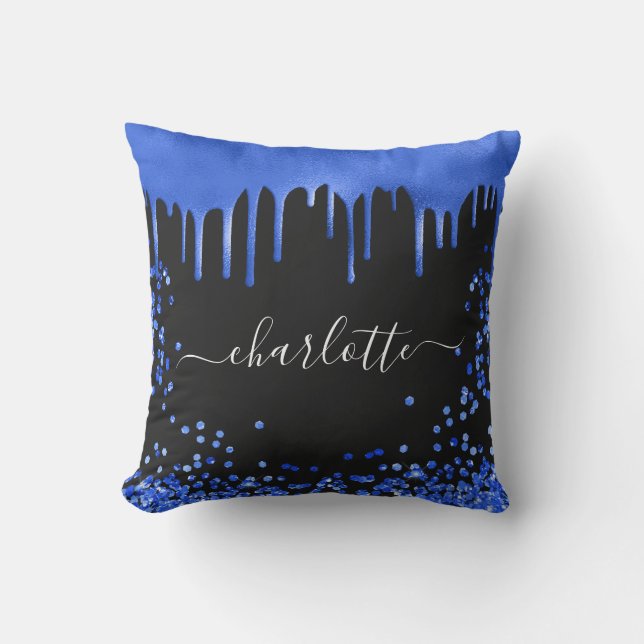 Black royal blue glitter drips name script cushion (Front)