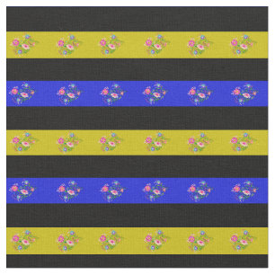 Black, royal blue, gold folk flower stripe fabric