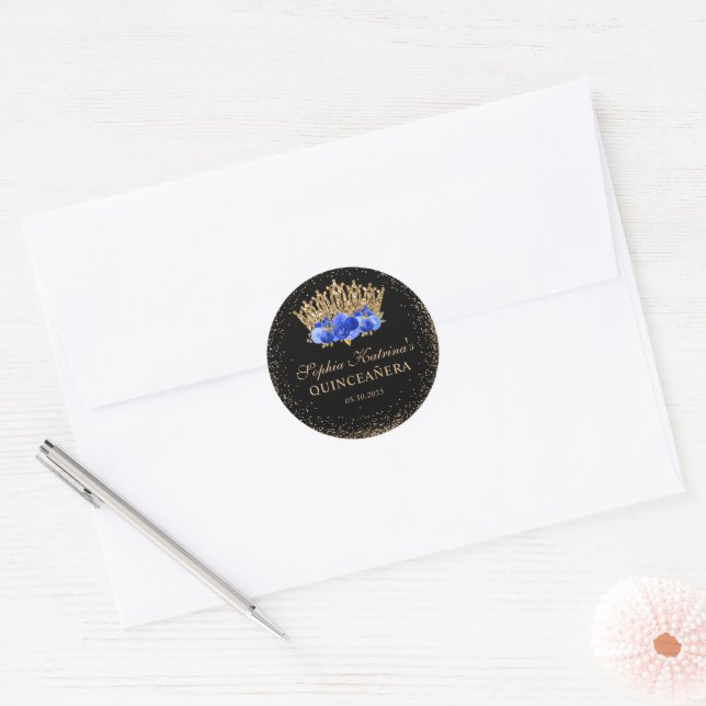 Black Royal Blue Gold Glitter Floral Quinceanera Classic Round Sticker (Envelope)