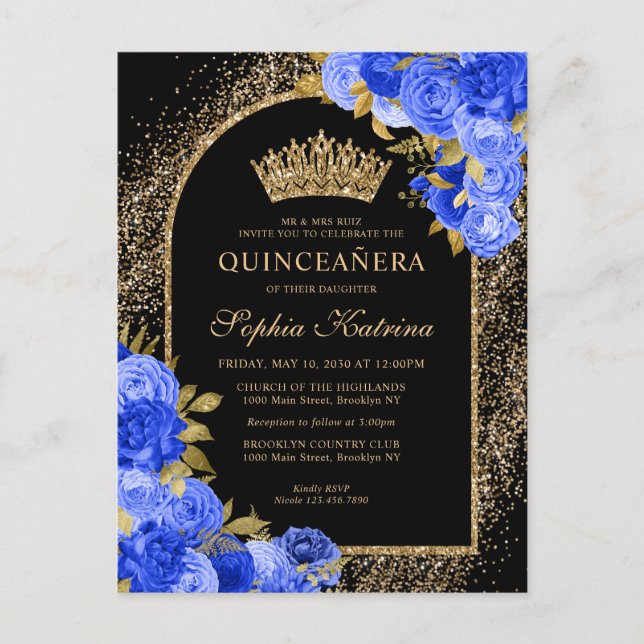 Black Royal Blue Gold Glitter Floral Quinceanera Invitation Postcard (Front)
